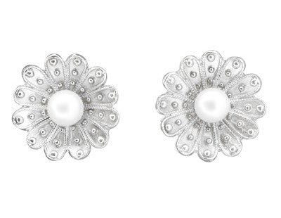 Pearl Stud Victorian Sunflower Earrings in 14K White Gold