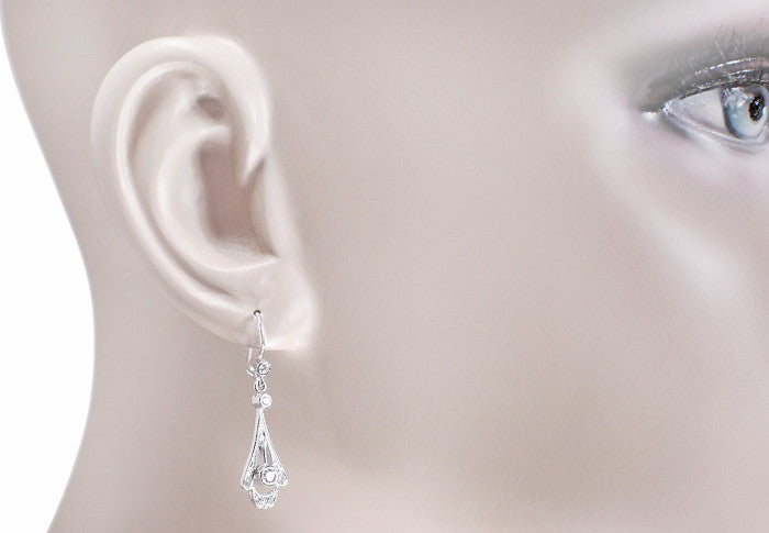 Vintage Inspired 1920's Art Deco 18 Karat White Gold and Diamond Drop Earrings - Item: E122 - Image: 3