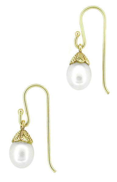 Victorian Engraved Leaves Pearl Drop Earrings in 14 Karat Yellow Gold - alternate view