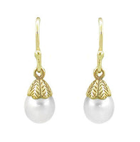 Victorian Engraved Leaves Pearl Drop Earrings in 14 Karat Yellow Gold