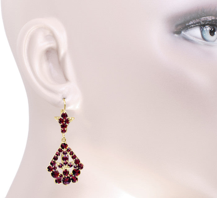 Victorian Bohemian Garnet Leaf Drop Earrings in 14 Karat Yellow Gold and Sterling Silver Vermeil - Item: E139S - Image: 3