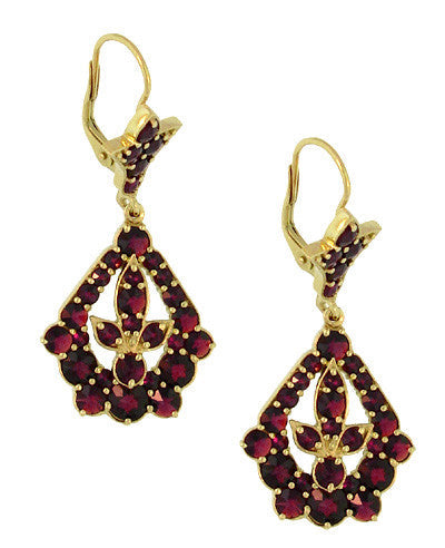 Victorian Bohemian Garnet Leaf Drop Earrings in 14 Karat Yellow Gold and Sterling Silver Vermeil - Item: E139S - Image: 2