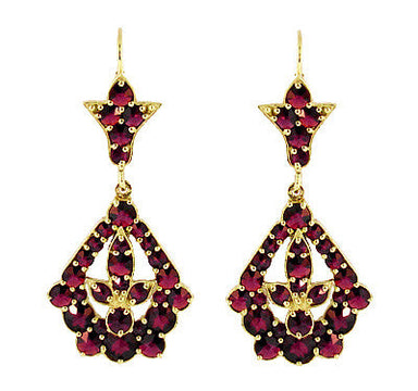Victorian Bohemian Garnet Leaf Drop Earrings in 14 Karat Yellow Gold and Sterling Silver Vermeil