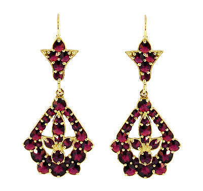 Victorian Bohemian Garnet Leaf Drop Earrings in 14 Karat Yellow Gold and Sterling Silver Vermeil