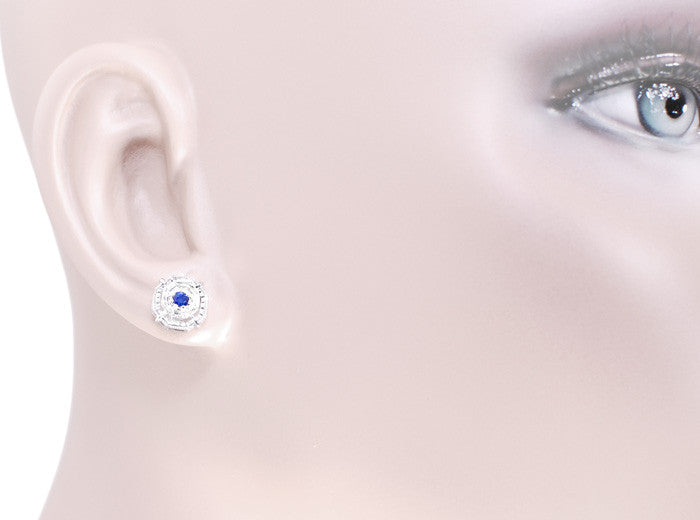 Art Deco Blue Sapphire Stud Earrings in 18 Karat White Gold - Item: E152 - Image: 4