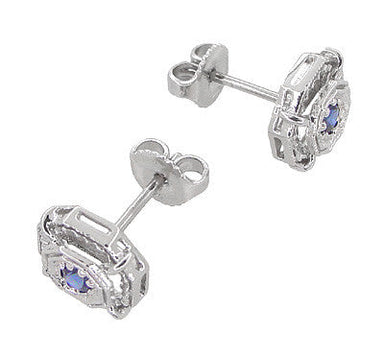Art Deco Blue Sapphire Stud Earrings in 18 Karat White Gold - alternate view