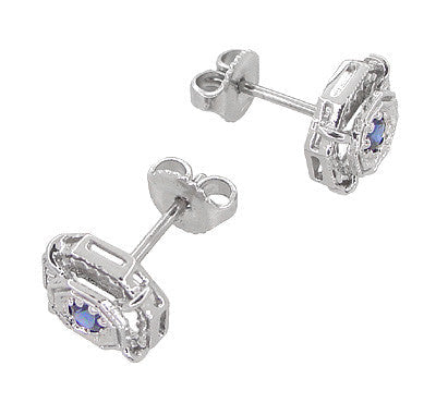 Art Deco Blue Sapphire Stud Earrings in 18 Karat White Gold - Item: E152 - Image: 2