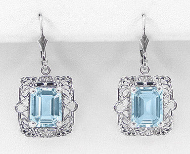 Art Deco Filigree Blue Topaz Drop Earrings in Sterling Silver - alternate view