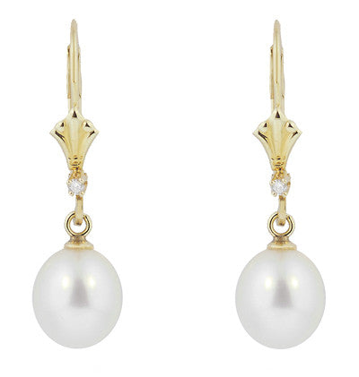 Art Deco Fleur De Lis Diamond and Pearl Drop Earrings in 14 Karat Yellow Gold