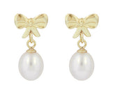 Mid-Century Bows and Pearls Drop Earrings in 14 Karat Yellow Gold