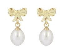 Mid-Century Bows and Pearls Drop Earrings in 14 Karat Yellow Gold
