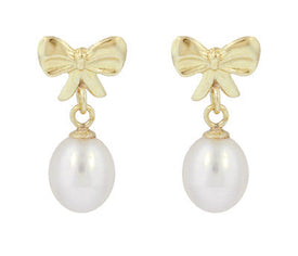 Mid-Century Bows and Pearls Drop Earrings in 14 Karat Yellow Gold