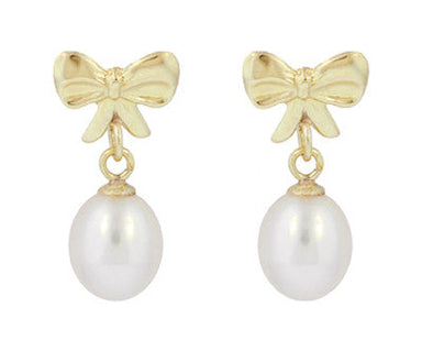 Mid-Century Bows and Pearls Drop Earrings in 14 Karat Yellow Gold