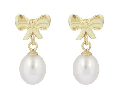 Mid-Century Bows and Pearls Drop Earrings in 14 Karat Yellow Gold