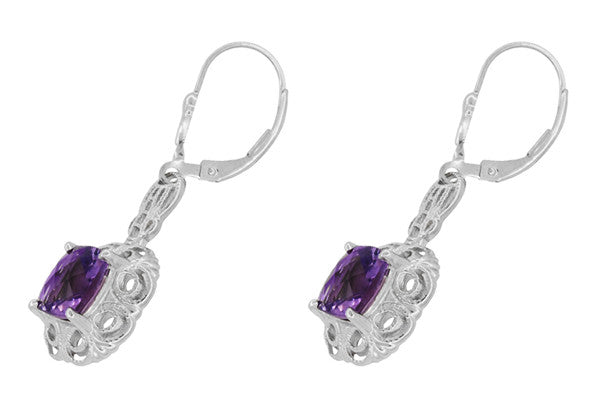 Art Deco Filigree Cushion Cut Amethyst Drop Earrings in Sterling Silver - Item: E166AM - Image: 2