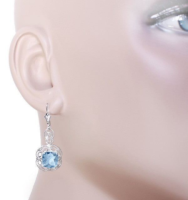 Art Deco Filigree Cushion Cut Sky Blue Topaz Drop Dangle Earrings in Sterling Silver - Item: E166BT - Image: 3