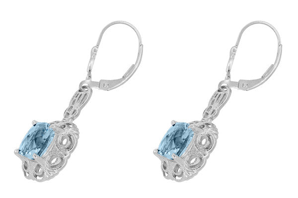 Art Deco Filigree Cushion Cut Sky Blue Topaz Drop Dangle Earrings in Sterling Silver - Item: E166BT - Image: 2