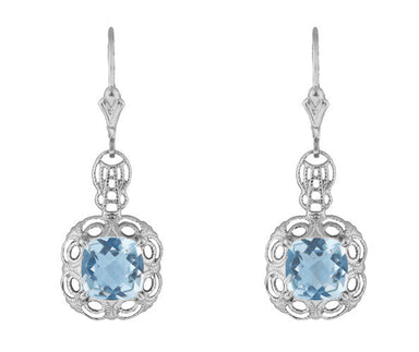 Art Deco Filigree Cushion Cut Sky Blue Topaz Drop Dangle Earrings in Sterling Silver