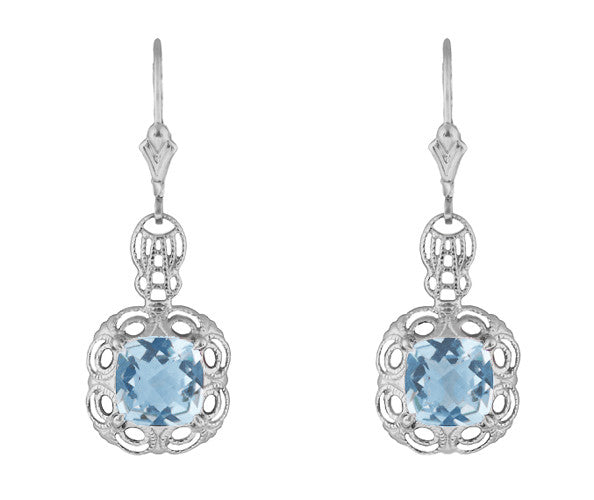 Art Deco Filigree Cushion Cut Sky Blue Topaz Drop Dangle Earrings in Sterling Silver