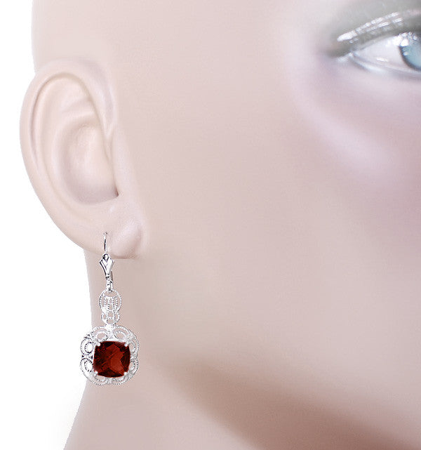 Art Deco Filigree Cushion Cut Almandine Garnet Drop Earrings in Sterling Silver - Item: E166G - Image: 3