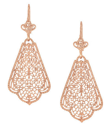 Edwardian Scalloped Leaf Dangling Sterling Silver Filigree Earrings with Rose Gold Vermeil