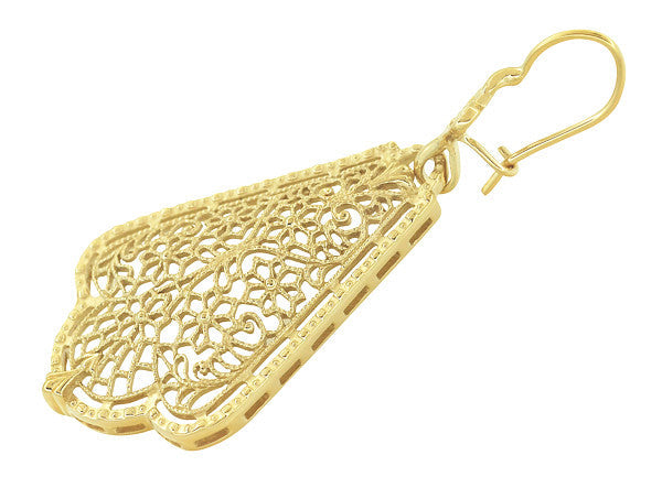 Scalloped Leaf Dangling Sterling Silver Filigree Edwardian Earrings with Yellow Gold Vermeil - Item: E169Y - Image: 2