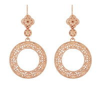 Art Deco Circle of Love Drop Dangle Filigree Earrings - Rose Gold Vermeil Over Sterling Silver