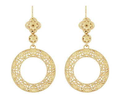 Art Deco Circle of Love Sterling Silver Drop Dangle Filigree Earrings with Yellow Gold Vermeil