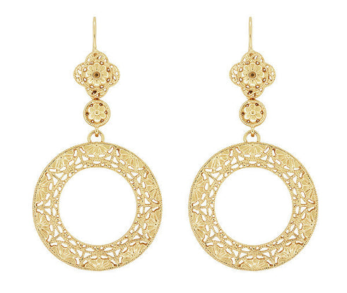 Art Deco Circle of Love Sterling Silver Drop Dangle Filigree Earrings with Yellow Gold Vermeil