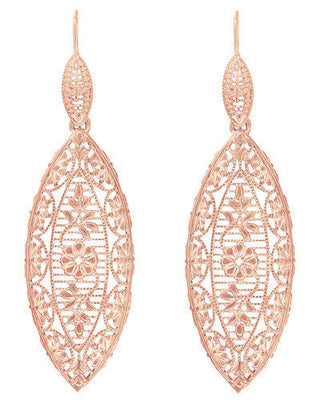 Art Deco Rose Gold Vermeil Dangling Leaf Sterling Silver Filigree Diamond Earrings