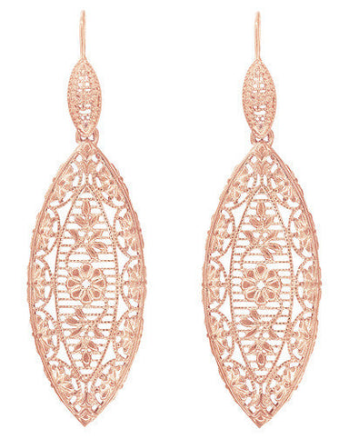 Art Deco Rose Gold Vermeil Dangling Leaf Sterling Silver Filigree Diamond Earrings