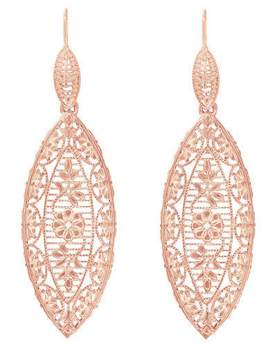 Art Deco Rose Gold Vermeil Dangling Leaf Sterling Silver Filigree Diamond Earrings