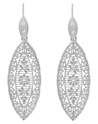 Sterling Silver Art Deco Dangling Leaf Filigree Diamond Earrings