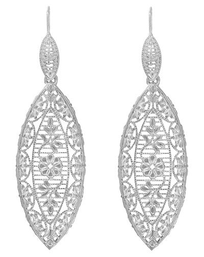 Sterling Silver Art Deco Dangling Leaf Filigree Diamond Earrings
