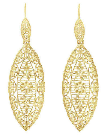 Art Deco Dangling Leaf Sterling Silver Filigree Diamond Earrings with Yellow Gold Vermeil