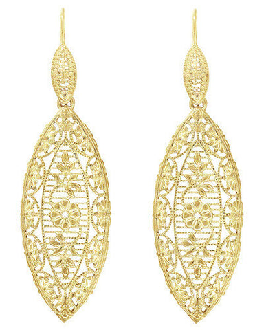 Art Deco Dangling Leaf Sterling Silver Filigree Diamond Earrings with Yellow Gold Vermeil
