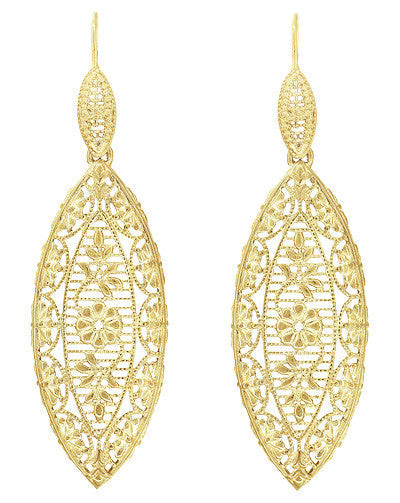 Art Deco Dangling Leaf Sterling Silver Filigree Diamond Earrings with Yellow Gold Vermeil