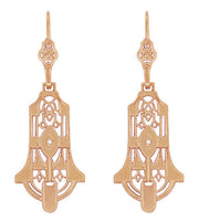 Geometric Dangling Art Deco Rose Gold Vermeil Sterling Silver Filigree Diamond Earrings