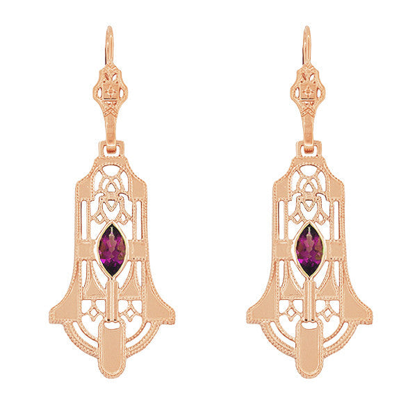 Art Deco Geometric Rhodolite Garnet Dangling Rose Gold Vermeil Filigree Earrings in Sterling Silver