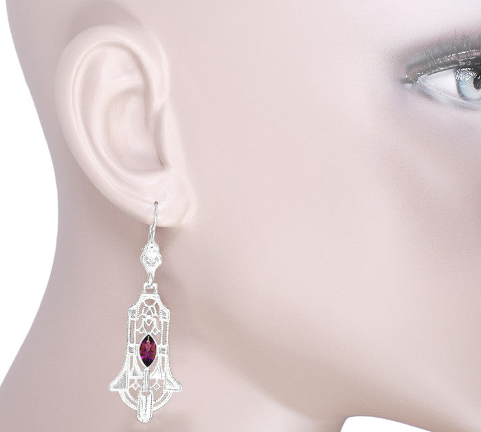 Art Deco Geometric Rhodolite Garnet Dangling Filigree Earrings in Sterling Silver - Item: E173WRG - Image: 3