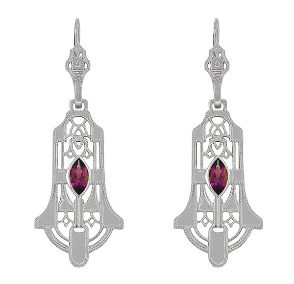 Art Deco Geometric Rhodolite Garnet Dangling Filigree Earrings in Sterling Silver
