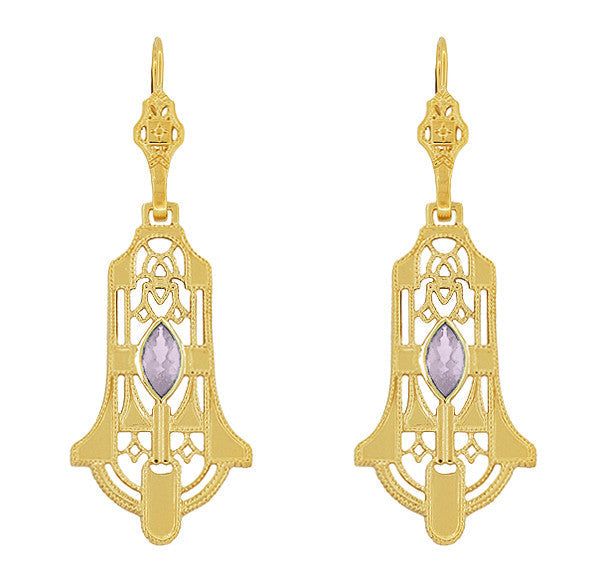 Art Deco Geometric Rose de France Amethyst Dangling Filigree Earrings in Sterling Silver with Yellow Gold Vermeil