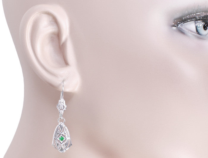Art Deco Dangling Sterling Silver Emerald and Diamond Filigree Earrings - Item: E178WE - Image: 3