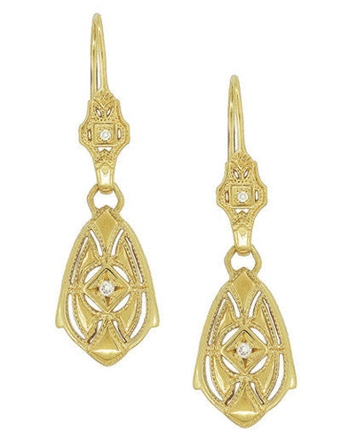 Art Deco Dangling Sterling Silver Diamond Filigree Earrings with Yellow Gold Vermeil
