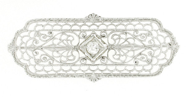 Edwardian Diamond Set Filigree Brooch in 10 Karat White Gold