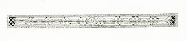Edwardian Diamond Set Filigree Bar Brooch in 14 Karat White Gold