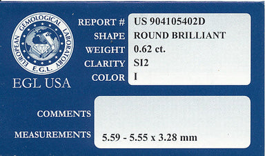 Loose 0.62 Carat I Color SI2 Clarity Round Brilliant Natural Diamond | Good Cut with EGL USA Report Report - alternate view