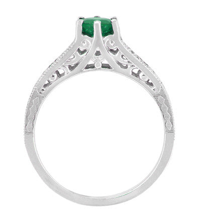 Art Deco Emerald and Diamond Filigree Engagement Ring in 14 Karat White Gold - Item: R206 - Image: 4