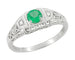 Art Deco Emerald and Diamond Low Profile Filigree Engagement Ring in 14 Karat White Gold