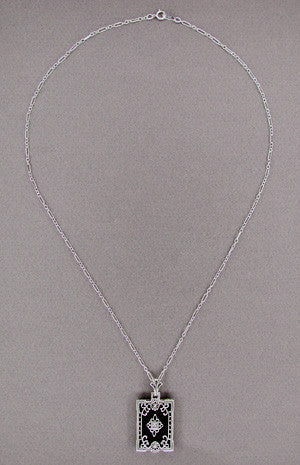 Art Deco Filigree Black Onyx and Diamond Pendant Necklace in Sterling Silver - alternate view